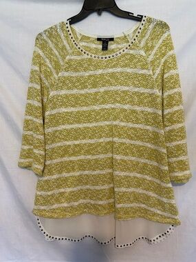 Style & Co. Olive & White Striped Stud-Trim Layered Top